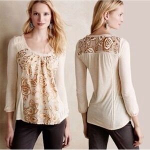 Anthropologie By Meadow Rue Ivory Mariana Burnout Velvet‎ Top Floral Size M $98